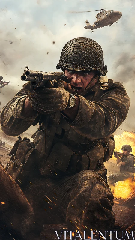 Soldier aiming rifle amid battlefield explosions and smoke.