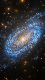 Spiral galaxy core glows amid blue star-forming arms in space