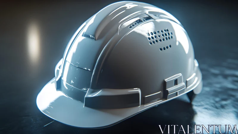 White construction hard hat on reflective surface, modern lighting.