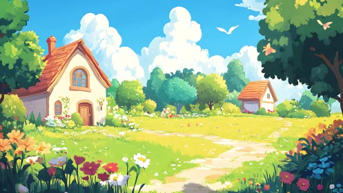Sunny cottage garden landscape in stylized digital painting.