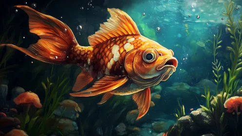 Golden fish swims through detailed underwater plants