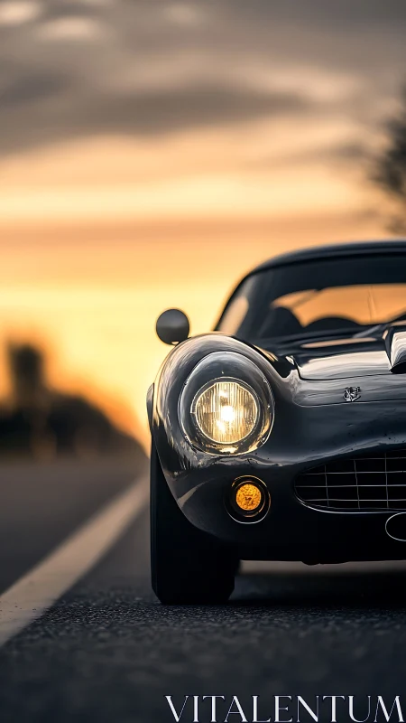 Sunset highway portrait of classic sports car front profile.