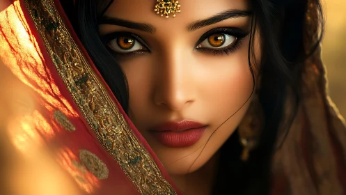 Intense close-up portrait with golden eyes and red veil.