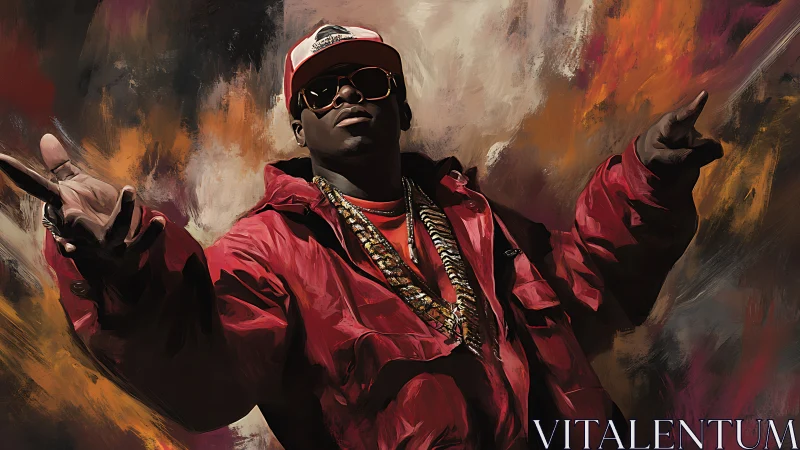 Dynamic hip hop portrait in red jacket against abstract blaze