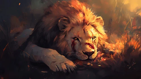 Wounded lion rests in embers of fading savanna fire