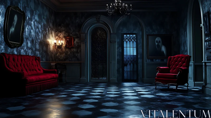 Gothic parlor interior with spectral portraits and red seating.