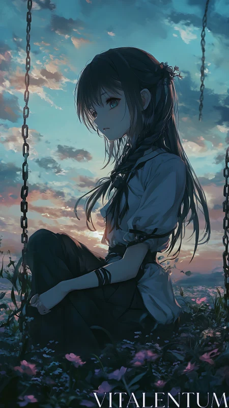Twilight chains hush the sky while a pensive girl dreams