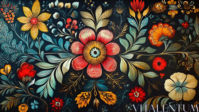 Floral pattern with stylized blossoms on dark background.