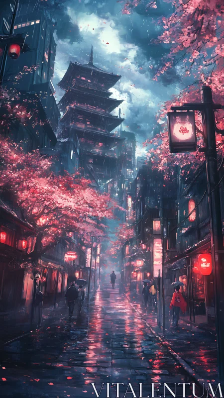 Rain-lacquered neon alley under pagoda and cherry canopy.