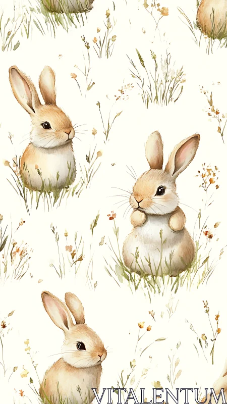 Watercolor rabbit pattern with soft botanical field detailing.