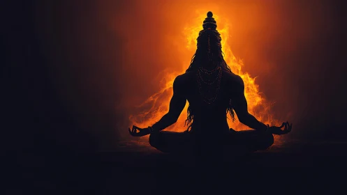 Silhouetted Shiva meditates against incandescent fiery aura
