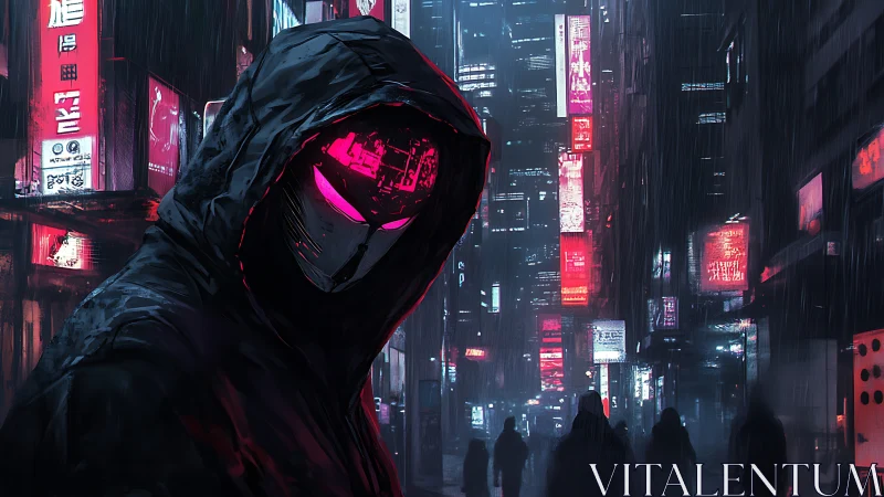 Mysterious neon hooded figure wandering a rainy cyber city.