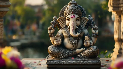 Ganesha idol in ornate stonework under warm temple light.