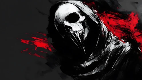 Hooded skull figure looms over dark background with red streaks