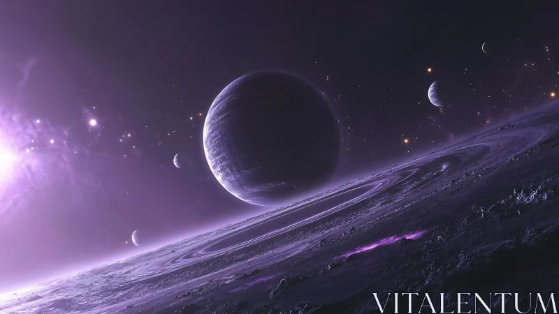 Purple ringed planet in deep space with distant moons.