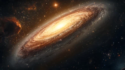 Golden spiral galaxy glowing softly in a starry night sky.