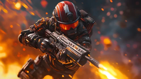 Armored striker dives through firestorms in molten focus