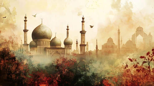 Mughal domes rising through misty autumn foliage panorama.