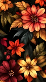Digital Floral Arrangement with Warm Tones on Black.