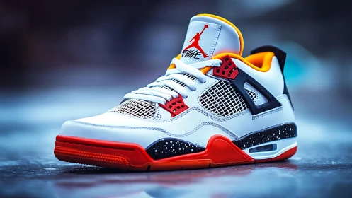 Retro white sneaker on wet court with vibrant accents.