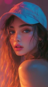 Neon rim-lit portrait of young woman in cap, shallow focus