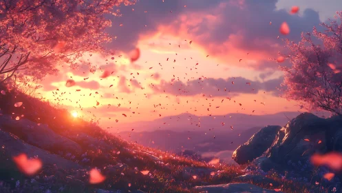 Sunlit cherry hillside with drifting petals at radiant dusk.