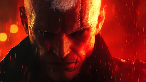 Storm-lit antihero smolders beneath neon blood rain
