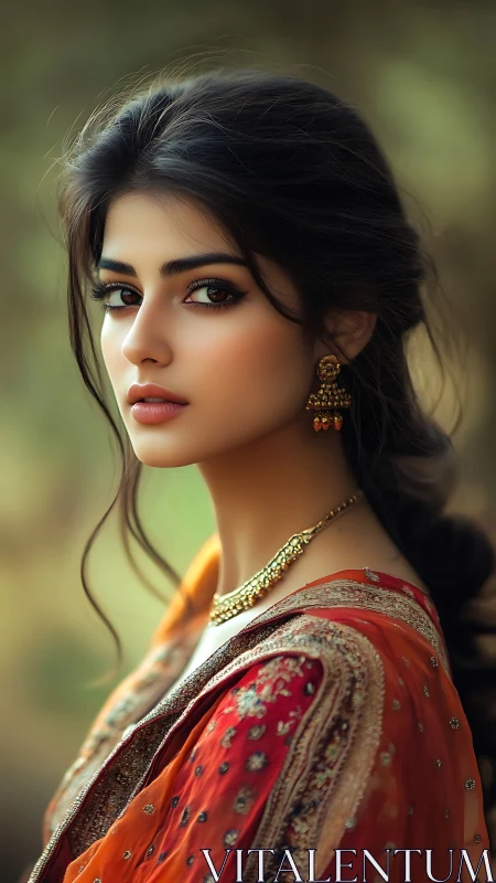 Portrait of woman in embroidered orange attire outdoors.