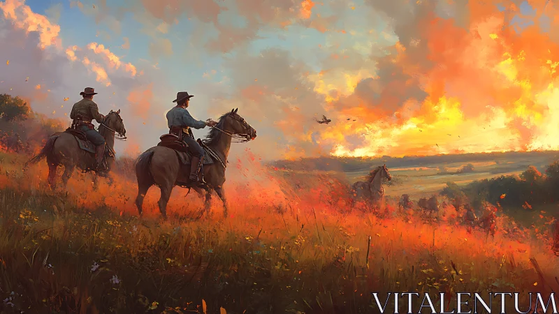Cowboys on horseback traverse blazing prairie at cinematic sunset