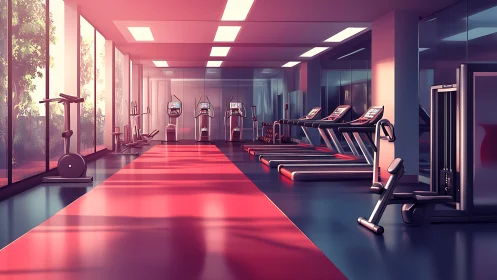 Sunrise cardio lane stretches through a glowing glass gym