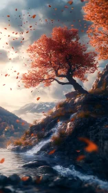 Solitary ember tree scatters autumn light above the falls