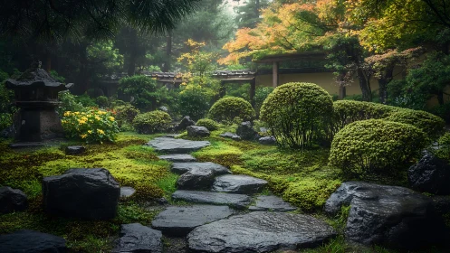 Stone path traverses meticulously pruned, rain-wet Japanese garden