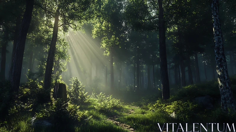Cathedral Forest Canopy with Crepuscular Rays through Dense Coniferous Woodland