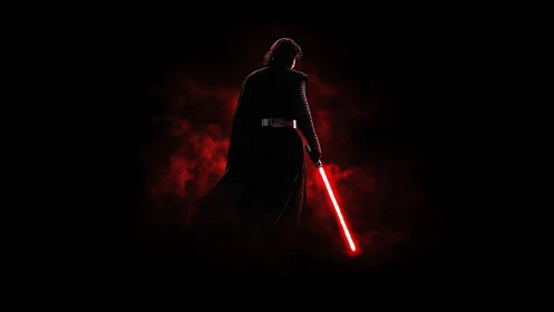 Backlit dark warrior holds red energy blade in volumetric haze