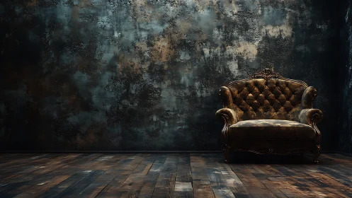 Vintage leather armchair stands in a dark textured room