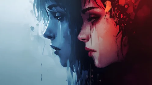 Dual portrait of sorrow in split blue and crimson light.