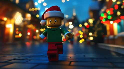 Festive toy figure jogs through glowing Christmas street