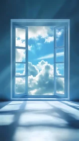 Open blue window frames luminous drifting cloudscape.