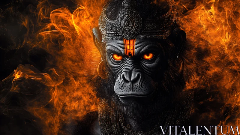 Simian fire deity portrait with ornamental crown detailing.