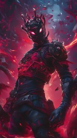 Armored infernal warrior with glowing eyes in volatile red aura