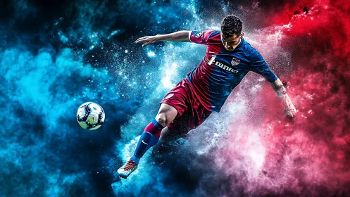 Midair soccer comet slicing through red and blue stardust.