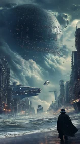 Apocalyptic coastal megacity under looming orbital war sphere