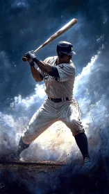 Baseball batter in mid-swing stance with dynamic lighting.