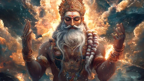 Radiant celestial sage glows with calm power in swirling light