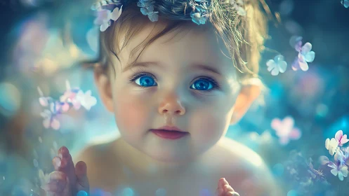 Ethereal Child Portrait Surrounded by Luminous Floral Elements