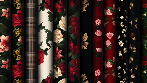 Floral textiles line up in rich reds, blacks, and creams.