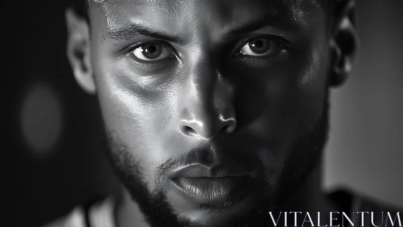 Monochrome close-up portrait with directional key light modeling facial form