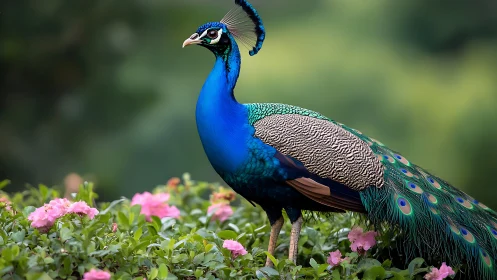 Vibrant peacock standing among pink flowers in natural setting.