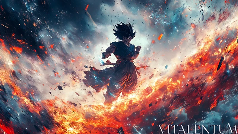 Anime warrior ascends through a blazing cosmic storm