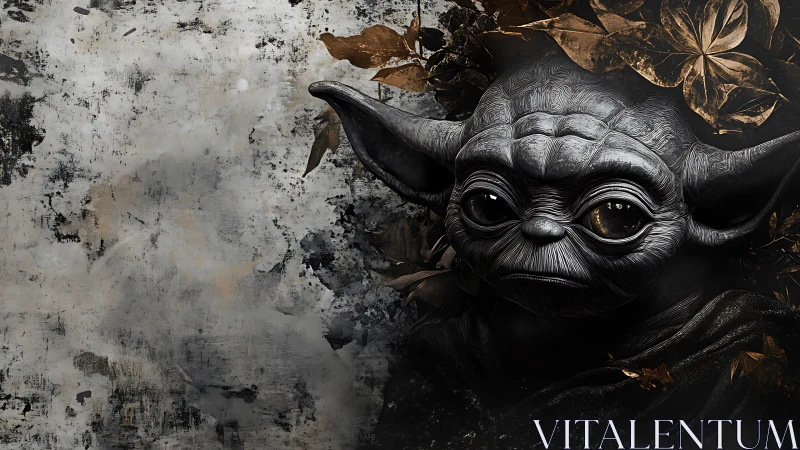 Digital render shows stylized alien figure beside textured wall